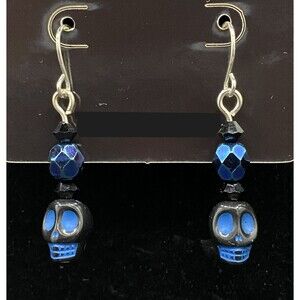 Handmade Blue & Black Skull Blue Glass Bead Black Crystal Earrings by Neanie-Bot